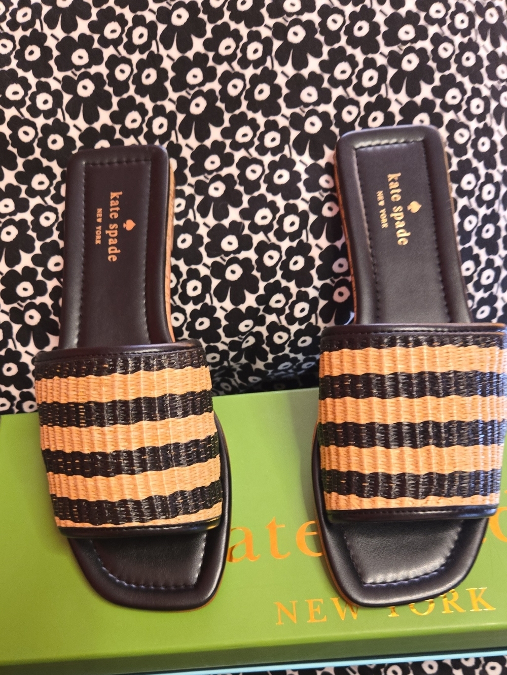 kate spade Black and Tan Striped Slide Sandals